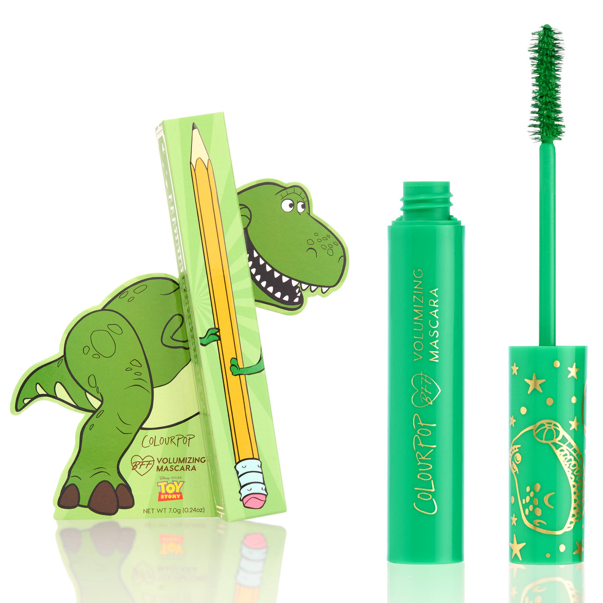 ColourPop BFF Mascara Roar! displays an open green volumizing mascara tube with wand coated in green, set beside a Toy Story Rexβillustrated box and star-patterned cap, product standing upright against a clean white background.