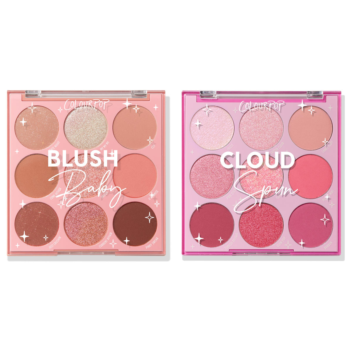 Cloud Baby ColourPop Shadow Palette Set showing two open 9-pan palettes - Blush Baby with warm nude-to-brown mattes and shimmers, and Cloud Spun with pink and rose hues - side by side in pink cases on a white background.