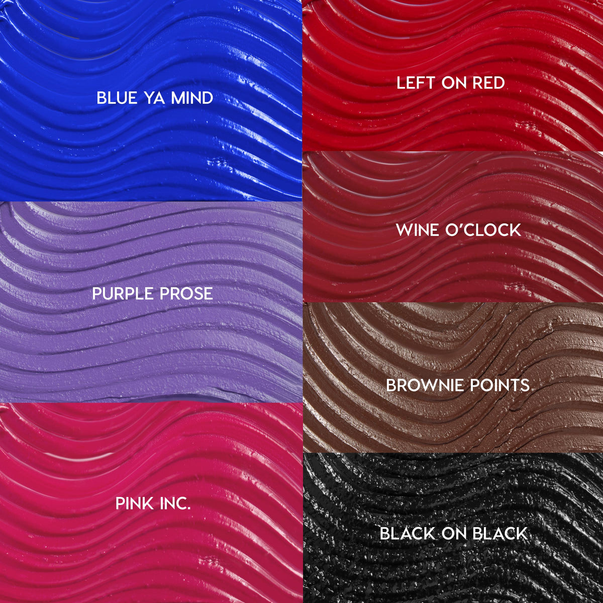 ColourPop BFF Mascara Purple Prose swatch showing a smooth, wavy pastel purple mascara stroke, centered in a grid alongside labeled shades Blue Ya Mind, Left on Red, Wine OβClock, Brownie Points, Pink Inc., and Black on Black.