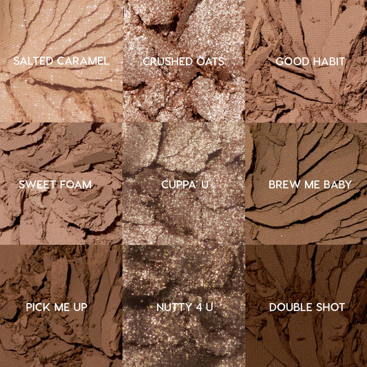 Deja Brew ColourPop Shadow Palette showcasing nine coffee-toned shades - Salted Caramel, Crushed Oats, Good Habit, Sweet Foam, Cuppa' U, Brew Me Baby, Pick Me Up, Nutty 4 U, Double Shot - crushed to reveal matte and sparkly textures in a 3x3 grid.
