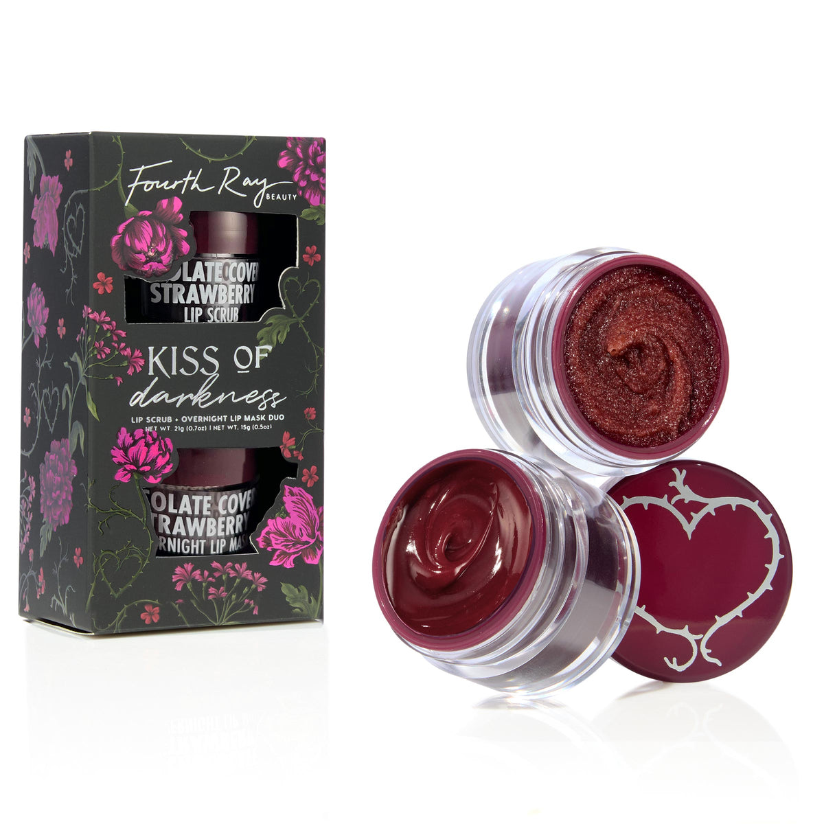 Kiss of Darkness lip care kit by Fourth Ray Beauty, a ColourPop Lip Care Kit, shown with two open mini jars - sparkly berry lip scrub and glossy overnight lip mask - beside a black floral box labeled Chocolate Covered Strawberry.