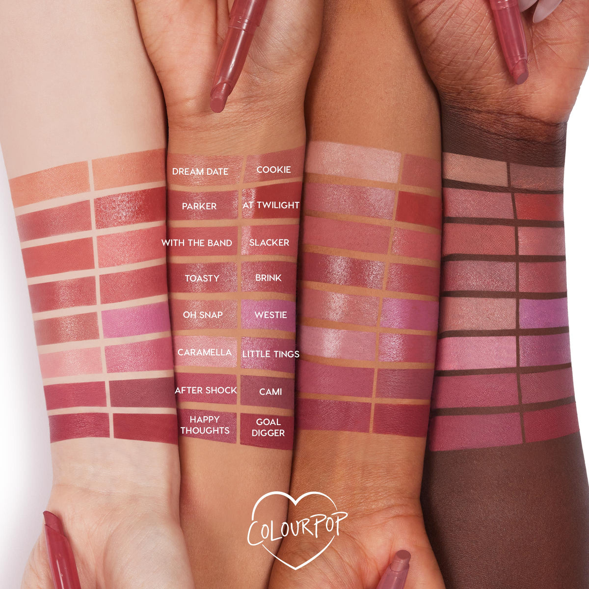 Caramella Lippie Stix swatch glides across three forearms, shown among labeled shades from the ColourPop Lippie Stix collection; rosyβnude pigment and creamy finish displayed with Lippie Stix pens in frame for a multiβskinβtone comparison.