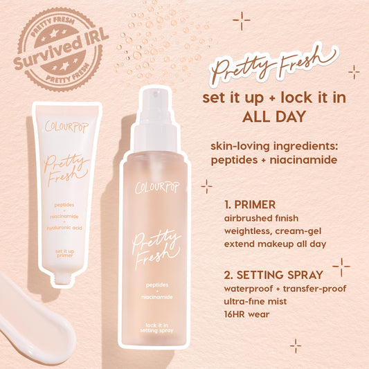 ColourPop Face Set Hydrating Prime + Set - Pretty Fresh set it up primer and lock it in setting spray - standing side by side on a peach backdrop with a cream swipe, highlighting peptides, niacinamide, and hyaluronic acid for all‑day makeup wear.