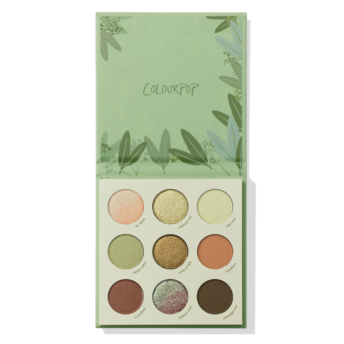 ColourPop Shadow Palette Sage The Day lies open, displaying a 3x3 grid of sage greens, golds, peach, brown, and a mint‑lilac duochrome in matte and shimmer finishes, set in a light green leaf-print compact.
