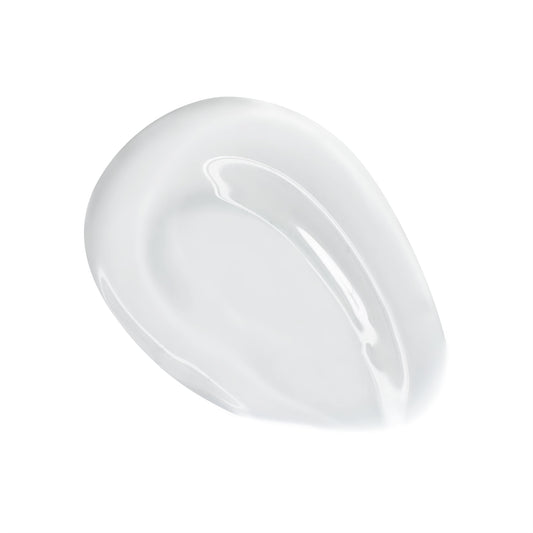 Clear, high-shine swatch of Lychee Jelly from the ColourPop So Juicy Plumping Glossy Lip Oil, glistening in a curved smear to showcase its glassy, non-tinted finish and smooth texture against a clean white background.
