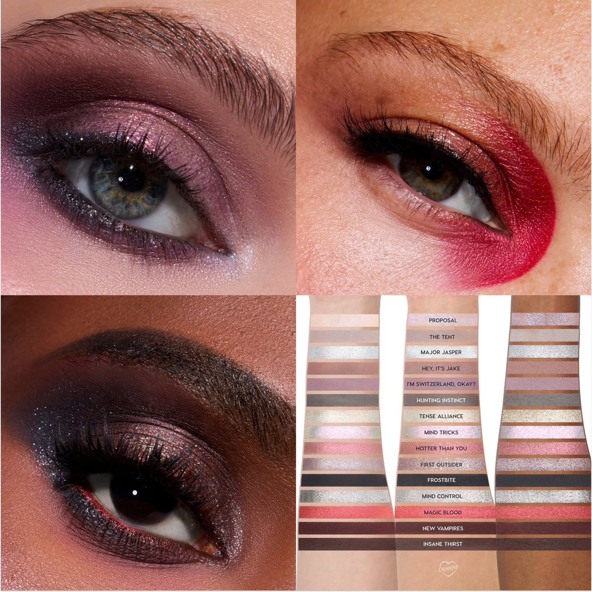 Twilight Forever palette trio Twilight eyeshadow looks and swatches showing shimmery mauves, smoky plums, bright cherry red, metallic silver, and deep browns on multiple skin tones in a Twilight-inspired makeup grid layout.