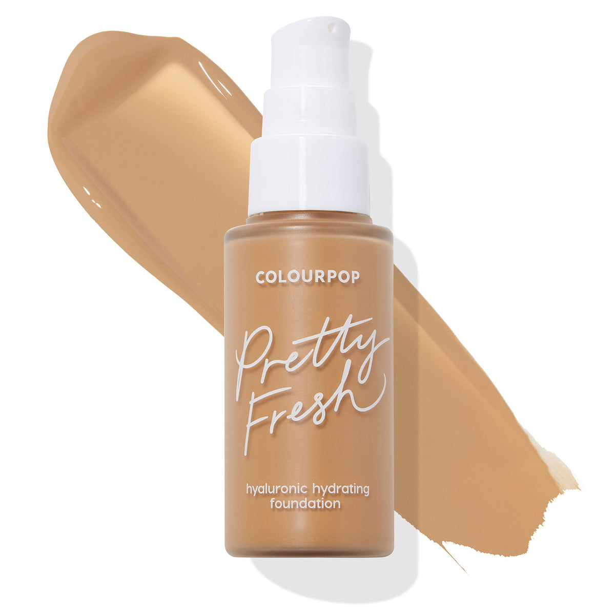 ColourPop Hyaluronic Hydrating Foundation in Medium Dark 120 W stands upright with a white pump and Pretty Fresh label, set over a warm tan swatch on a white background, showcasing the medium-dark warm shade.