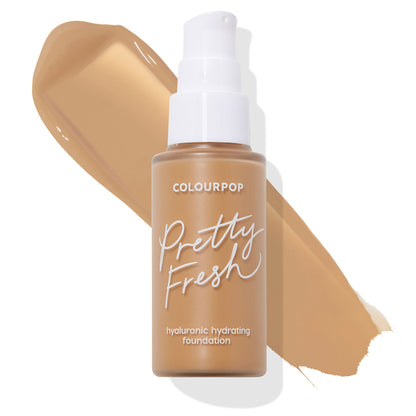 ColourPop Hyaluronic Hydrating Foundation in Medium Dark 120 W stands upright with a white pump and Pretty Fresh label, set over a warm tan swatch on a white background, showcasing the medium-dark warm shade.