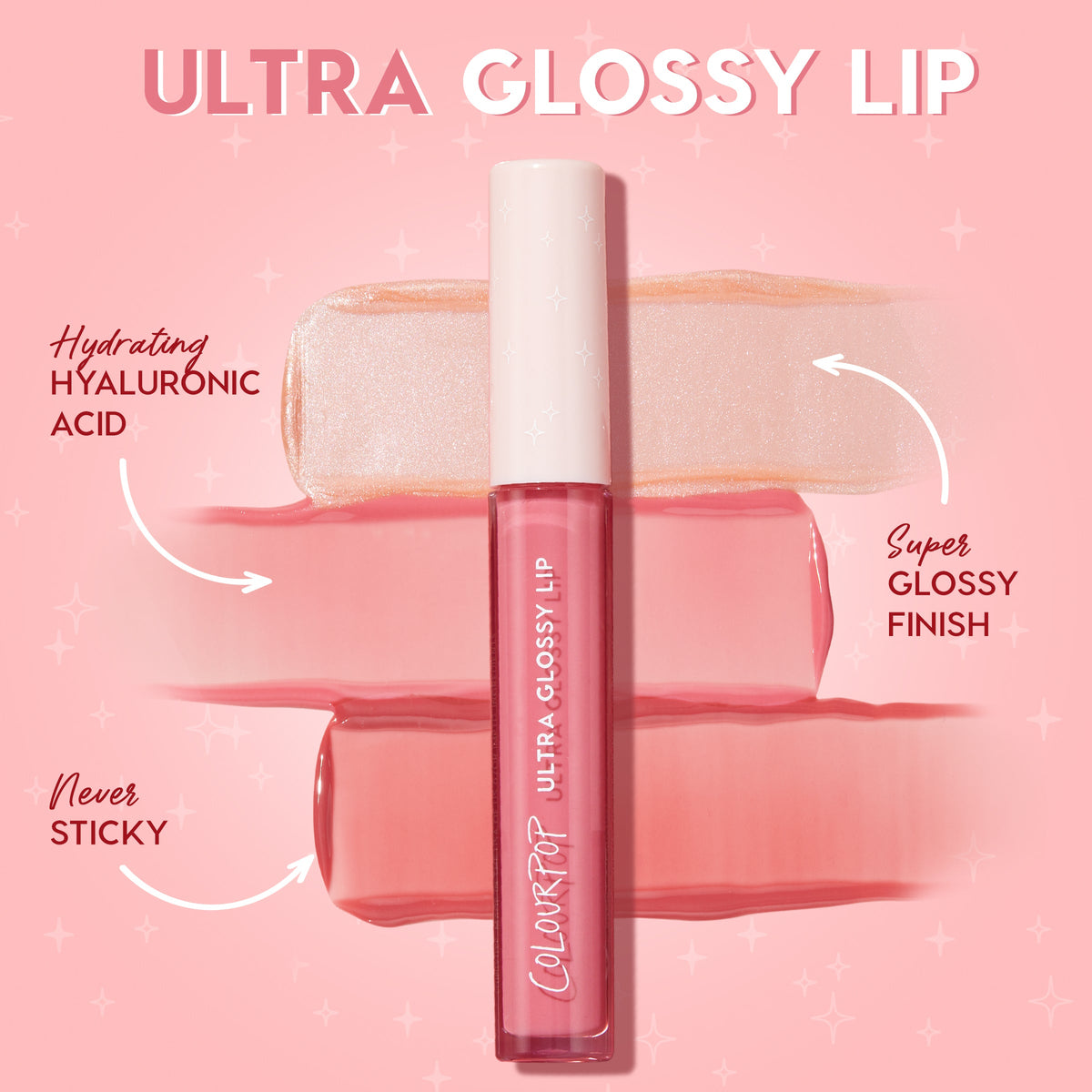 ColourPop Ultra Glossy Lip Ditto tube resting over pearly and rosy swatches, calling out hydrating hyaluronic acid, super glossy finish, and never-sticky feel; clear pink gloss bottle with white cap on a pink starry backdrop.