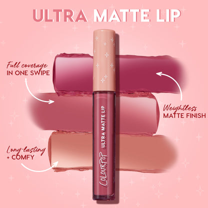 ColourPop Ultra Matte Lip in Fifth Avenue stands upright with a nude cap over three matte swatches (berry, rose, peach) on a pink backdrop, with callouts for full coverage in one swipe, weightless matte finish, and long‑lasting comfy wear.