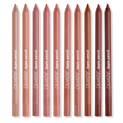 ColourPop Truth or Bare Lippie Pencil kit standing upright in a neat row, ten lip liner pencils in nude, pink, mauve, terracotta, and brown tones on a white background, with ColourPop “lippie pencil” branding visible.
