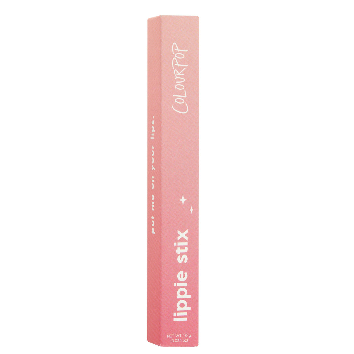 Songbird Lippie Stix box standing upright, a slim gradient pink ColourPop carton printed with “lippie stix” and star icons, on a white studio background - ColourPop Lippie Stix shade Songbird, 1.0 g (0.035 oz).