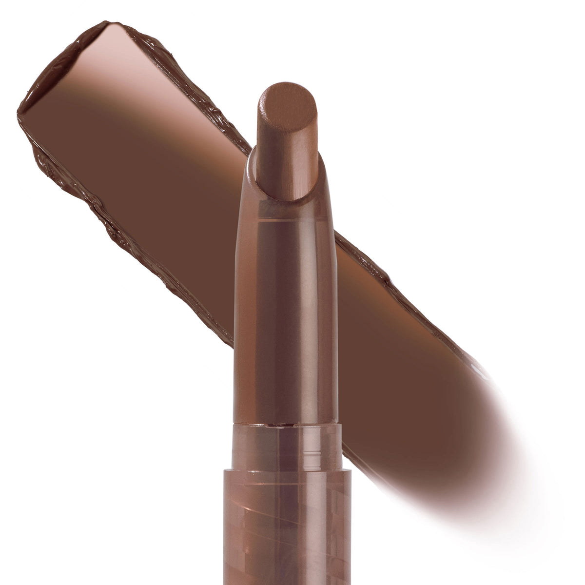 ColourPop Lippie Stix In the Nude stands upright with its bullet tip exposed, showing a creamy deep brown nude shade as a matching swatch streaks behind the tube on a white background, highlighting the slim twist-up design.