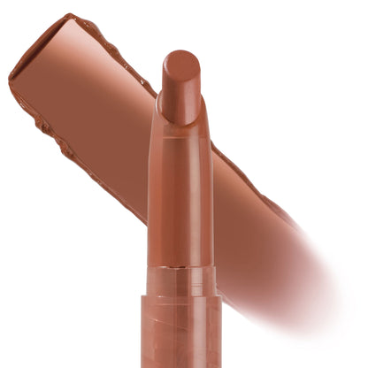 ColourPop Lippie Stix In the Nude stands uncapped, a warm brown nude lipstick bullet with a creamy finish, shown with a matching swatch swipe behind it on a white background for product detail.