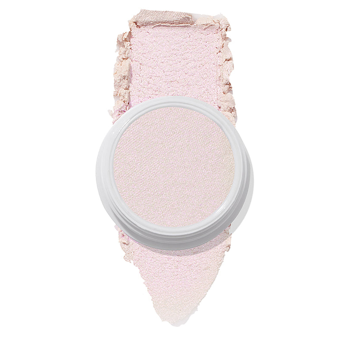 ColourPop Monster Super Shock Highlighter shown in an open white pot with a broad smear swatch behind it, revealing a silky pale pink, iridescent pearl glow, isolated on a clean white background.