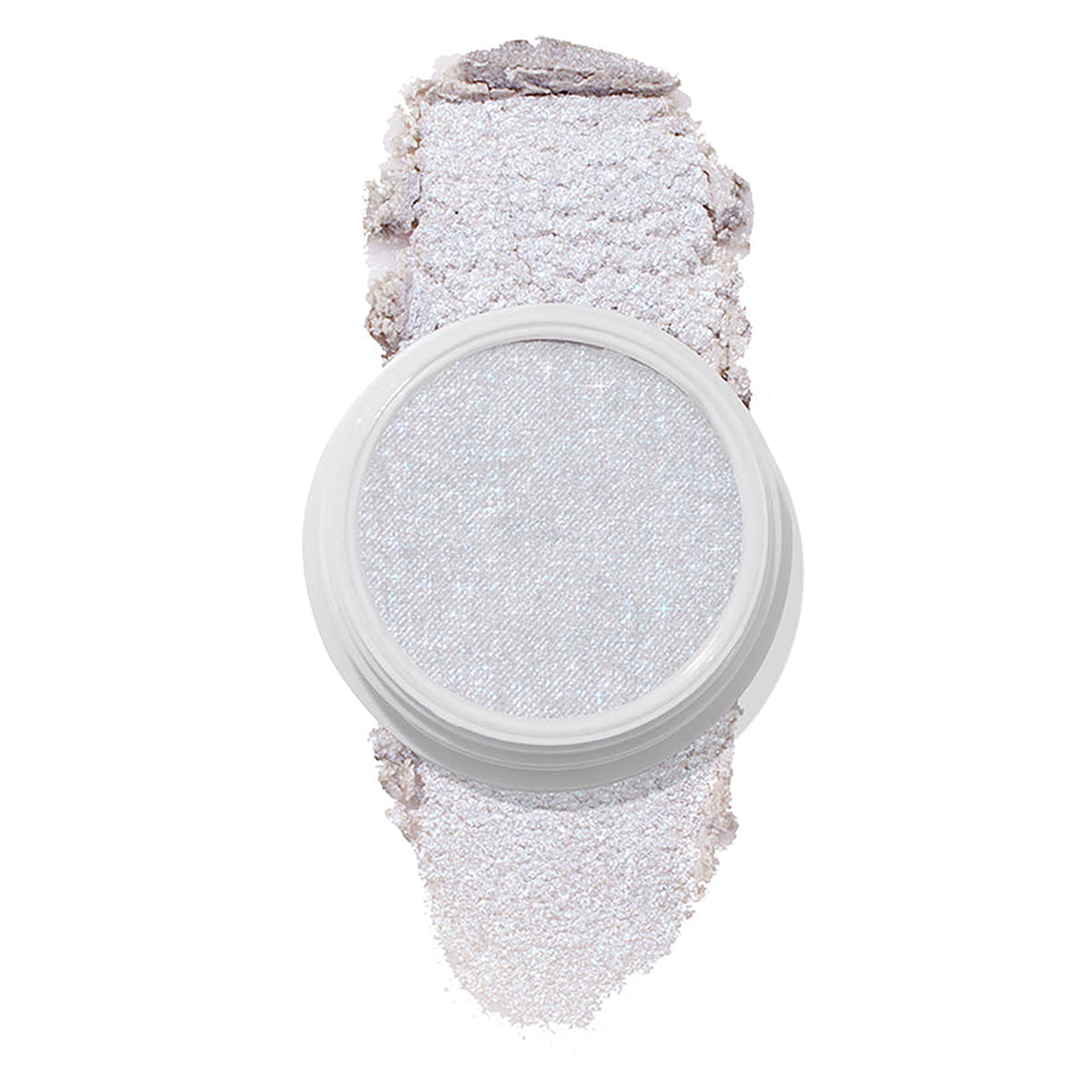 ColourPop Honeymoon Super Shock Highlighter in a white round pot, showing a pale icy-lilac, opalescent shimmer with iridescent sparkle, and a soft crushed swatch smeared above and below the pan on a white background.