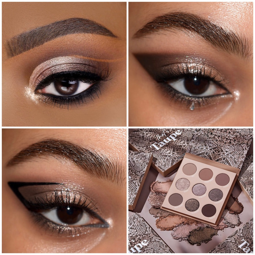 That’s Taupe ColourPop Shadow Palette showcasing nine cool-toned taupe neutrals in matte and shimmer, with three close-up eye looks - smoky, glittery, and graphic liner - beside the open 9-pan on snakeskin boxes and crushed shade swatches.