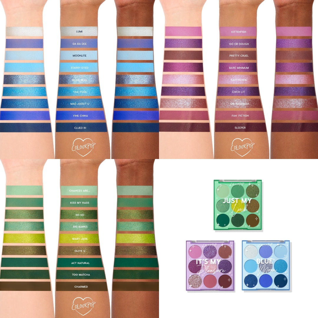 Rainbow Rush ColourPop Shadow Palette Set swatches - cool blue, purple, and green hues - swept across multiple skin tones, with three open 9-pan palettes (Blue Moon, It’s My Pleasure, Just My Luck) shown, highlighting matte and metallic finishes.