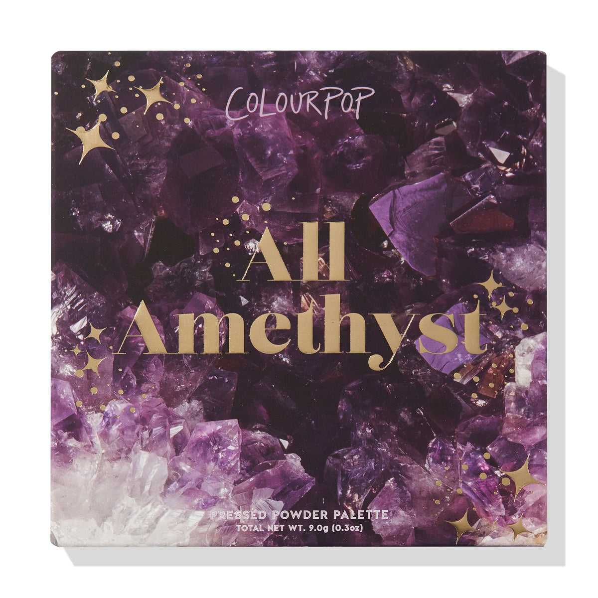 All Amethyst ColourPop Shadow Palette shown closed, a square pressed powder palette with purple amethyst crystal artwork and gold star accents, bold gold title on the lid, 9.0 g (0.3 oz), photographed on a white background.