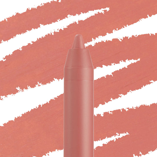 ColourPop Lippie Pencil in Another Round, a warm pinky-peach nude liner, showing its sharpened tip against diagonal swatches of the same shade on white, ideal for precise lip lining and pairing with nude lipsticks.
