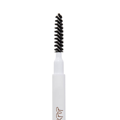 Spoolie-tipped ColourPop Dope Taupe Brow Pencil standing upright, showcasing a white tube and dense black spiral bristles against a plain white background.
