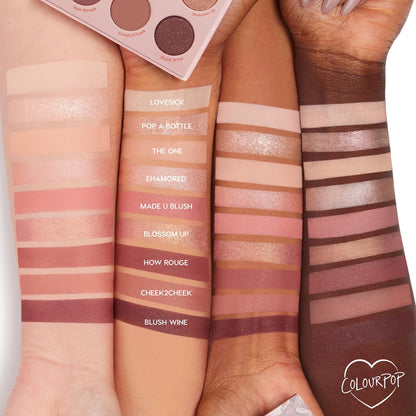 Blush Crush ColourPop Shadow Palette swatched across three skin tones, nine rosy neutrals from matte beige, peach, and mauve to champagne shimmer and deep plum; shade names Lovesick to Blush Wine visible; open palette peeks in on white background.