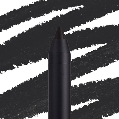 ColourPop Lippie Pencil Bull Chic defining lips in deep matte black, shown in macro with a sharpened tip against bold black swatch streaks on a white backdrop for precise lip lining.
