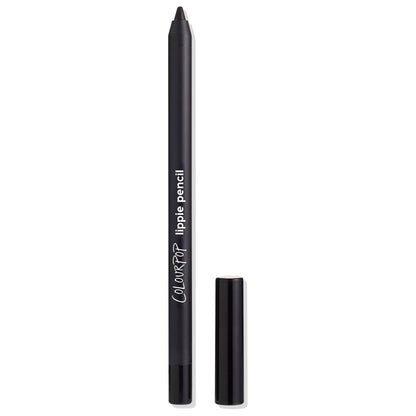 Bull Chic ColourPop Lippie Pencil stands uncapped to reveal its deep black lip liner tip, the matte black barrel labeled “lippie pencil,” with the glossy cap placed beside it on a clean white background.