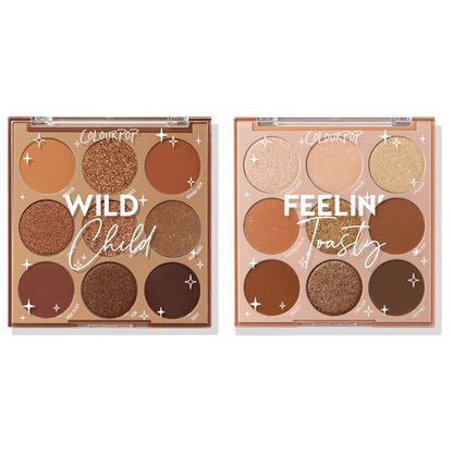 Feelin Wild ColourPop Shadow Palette Set showcasing two open 9‑pan palettes - Wild Child and Feelin’ Toasty - side by side, revealing warm brown and gold mattes and shimmers with star accents on clear lids against a white background.