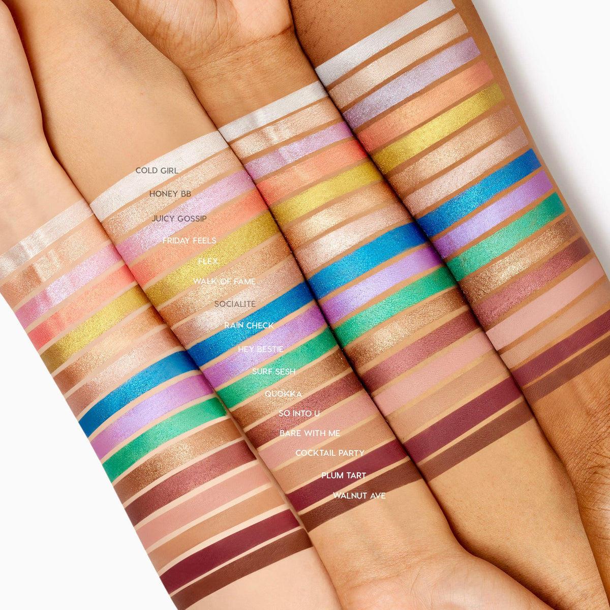 Shimmering gold Walk of Fame Shadow Stix swatch glows across three forearms, lined with other rainbow shades to show pigment and finish; ColourPop Shadow Stix displayed on light, medium, and deep skin tones for shade comparison.