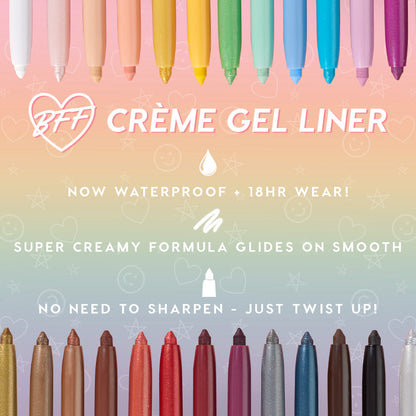 ColourPop Crème Gel Liner in Kicker shown as a twist‑up eyeliner amid a rainbow lineup, highlighting waterproof 18‑hour wear and a super creamy glide on a pastel gradient backdrop with stars and hearts.