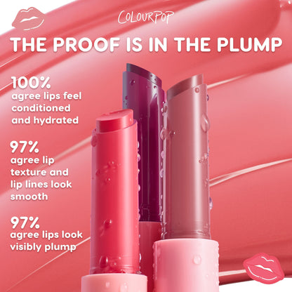 ColourPop So Juicy Plumping Gloss Balm with Peptides, So Balm, shown in three dew-kissed sticks - pink, plum, and nude - standing upright on a glossy pink swatch with callouts claiming 100% hydration and 97% smoother, visibly plumper lips.
