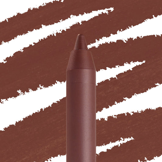 CTRL ColourPop Lippie Pencil draws rich warm‑brown strokes, the sharpened tip centered in a macro close-up with textured swatches on a white background, showcasing creamy pigment for precise lip lining.