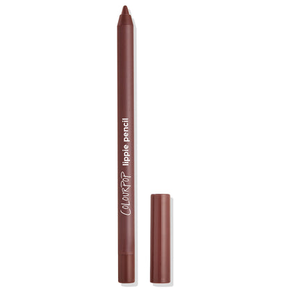 CTRL ColourPop Lippie Pencil standing upright with cap off, revealing a sharpened deep brown tip; brown barrel labeled ColourPop lippie pencil, cap beside on a white background for precise lip lining and definition.
