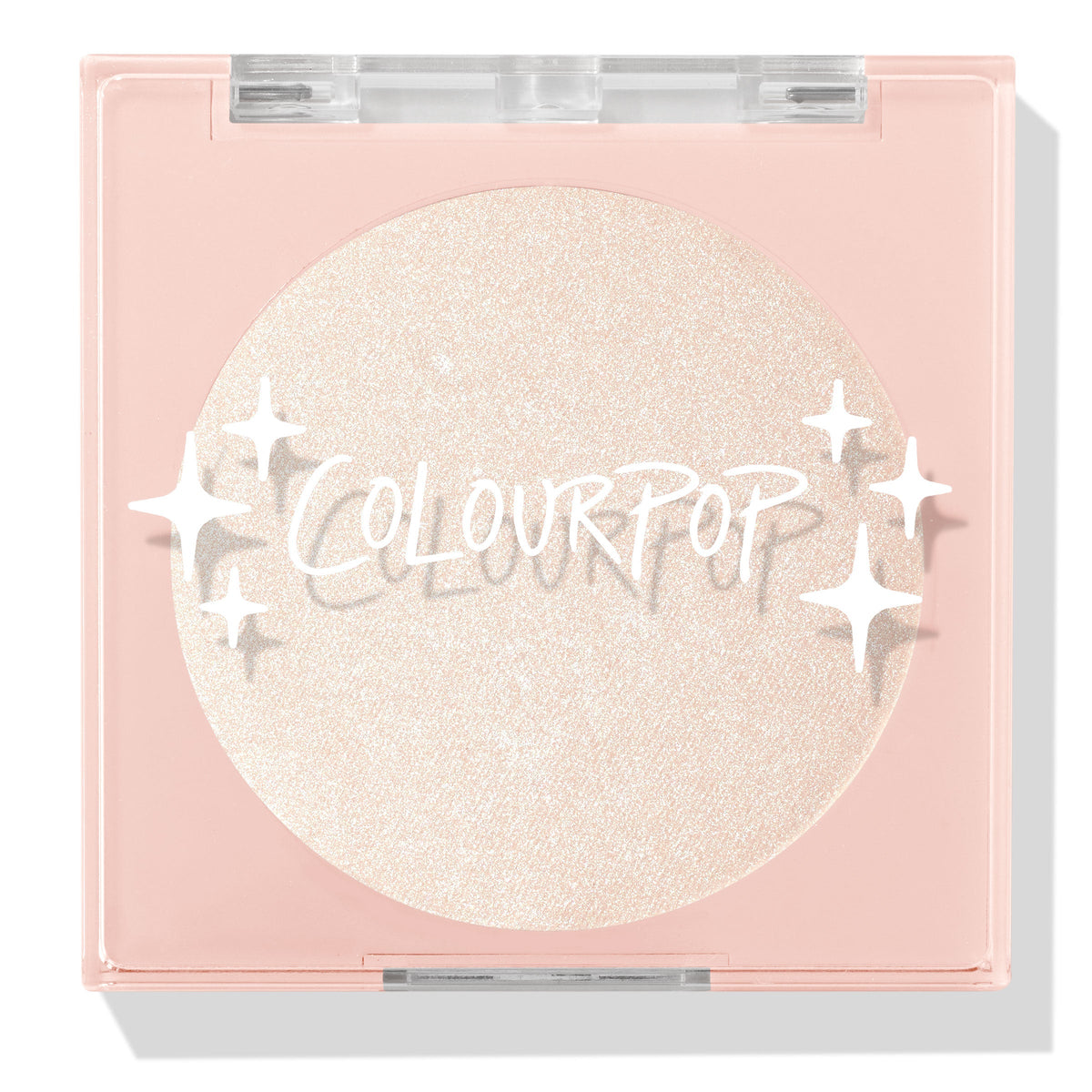 Cold One highlighter compact showcasing a shimmering icy pearl pan behind a clear lid with white sparkle icons and ColourPop logo, closed in a blush‑pink square case on a white background; ColourPop Pressed Powder Highlighter.