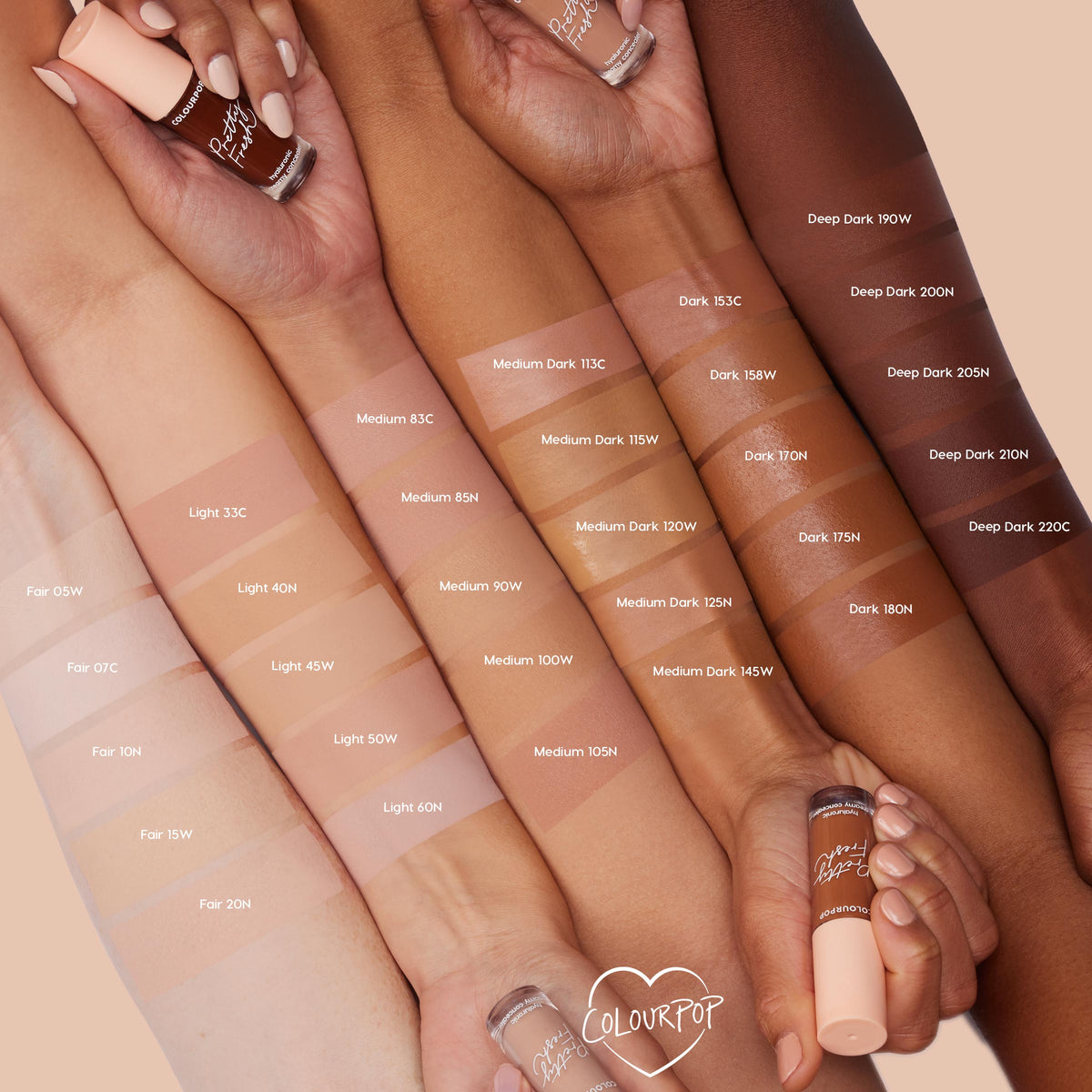 ColourPop Pretty Fresh Creamy Concealer in Fair 05 W swatched on an arm and compared across multiple skin tones, with a peach-capped tube held in hand against a soft beige background to showcase the full shade range.
