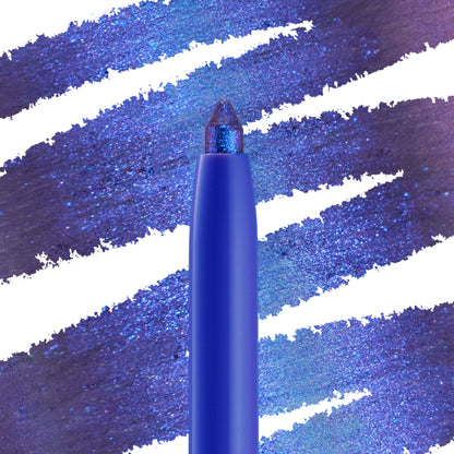 Chrome Dreams ColourPop Chrome Crème Gel Liner pencil tip glistens with multichrome blue-to-violet shimmer, drawing bold metallic swatches across a white-slashed backdrop to showcase creamy texture, precise tip, and high-impact payoff.
