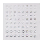 Clear round rhinestone stickers in graduated sizes sparkle on a white backing sheet, arranged in neat rows; ColourPop Crystal Face Jewels, Individual pack, self-adhesive crystals for customizable face and eye makeup looks.
