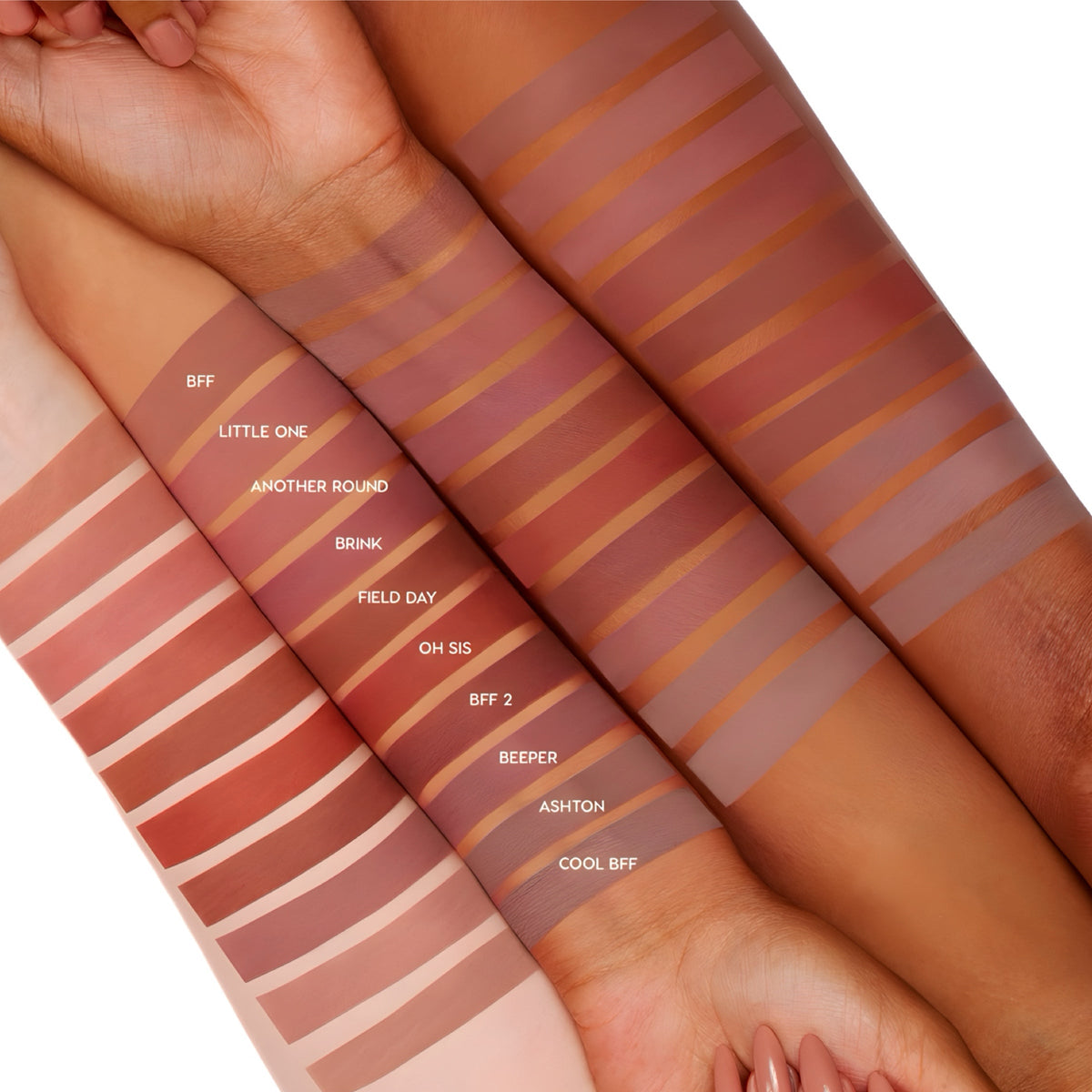 Field Day Lippie Pencil by ColourPop swatched on three arms of different skin tones, shown as a crisp stripe alongside other labeled lip liner shades, highlighting pigment and matte payoff under studio lighting.