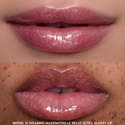 Two close-up shots of models’ lips wearing Princess Pout Disney Princess full collection set gloss in a shimmery pink shade, showing ultra-glossy, high-shine finish on different skin tones for comparison.