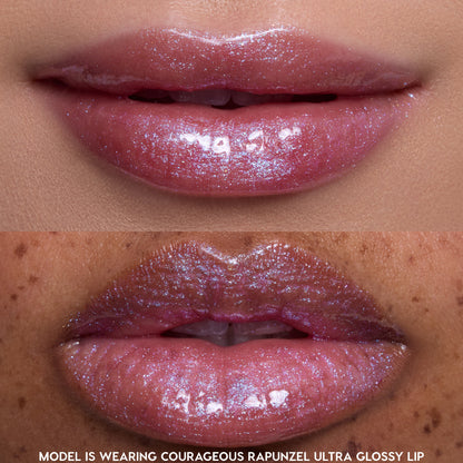 Close-up split view of two models’ lips wearing Princess Pout Disney Princess full collection gloss, showing the same iridescent pink ultra glossy finish sparkling on different skin tones.