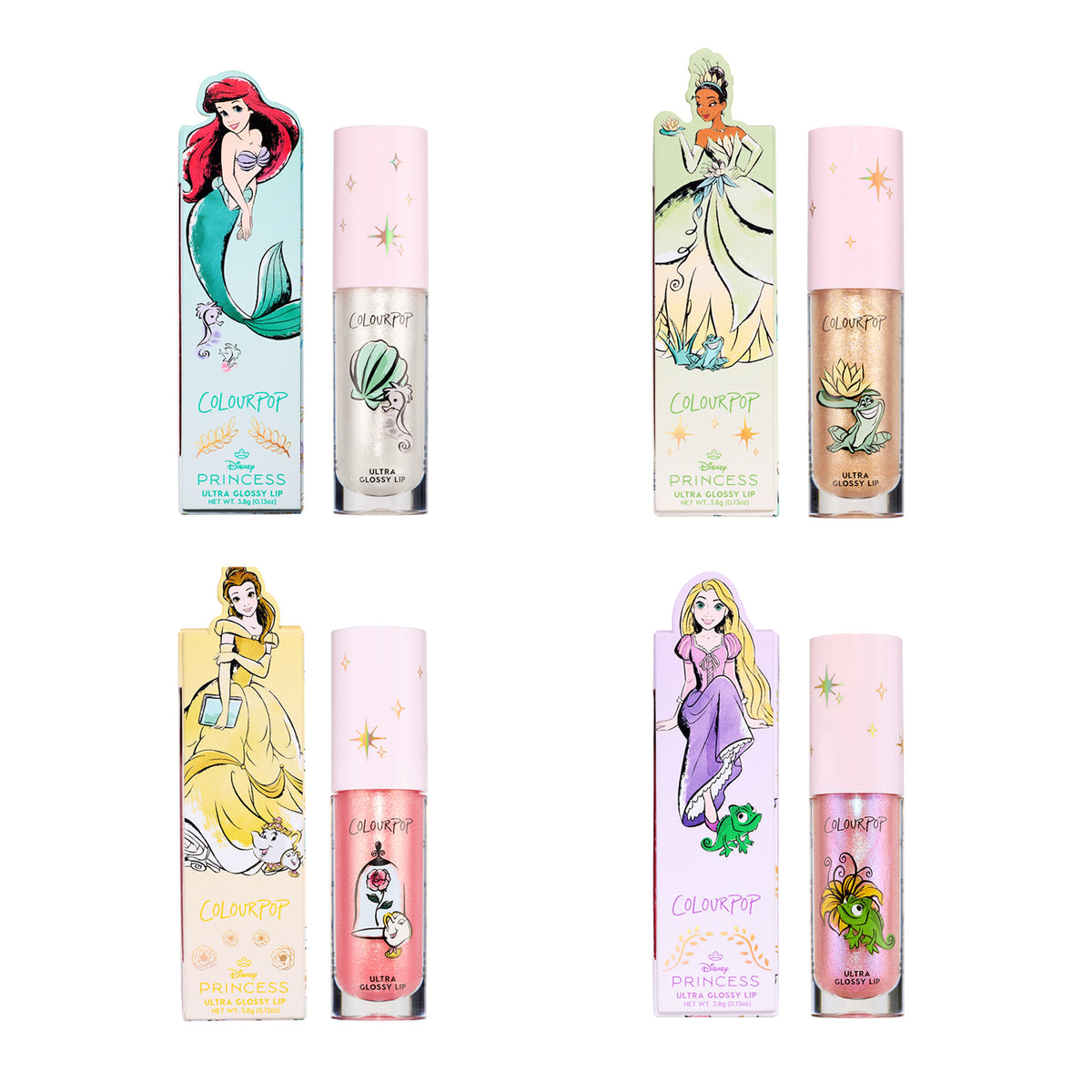 ColourPop Princess Pout full collection set showing four Disney Princess Ultra Glossy Lip tubes with matching cartons featuring Ariel, Tiana, Belle, and Rapunzel artwork on pastel packaging against a white background.