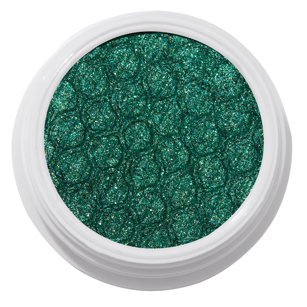 ColourPop Super Shock Shadow Empire displaying a metallic emerald green eyeshadow with teal and gold sparkle and bouncy honeycomb texture, pressed in a round white pot, shown in a close-up top-down view.