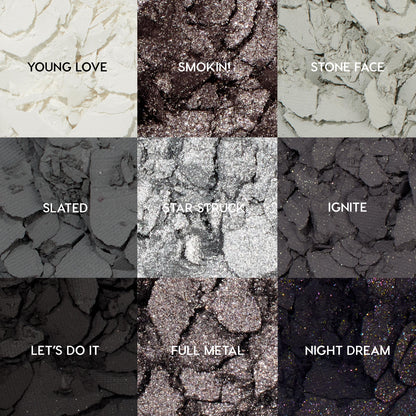 ColourPop Blowin' Smoke shadow palette showcases nine cool-toned pans - Young Love, Smokin', Stone Face, Slated, Star Struck, Ignite, Let's Do It, Full Metal, Night Dream - crushed and textured in a 3x3 grid of matte, metallic, and glitter grays to black.