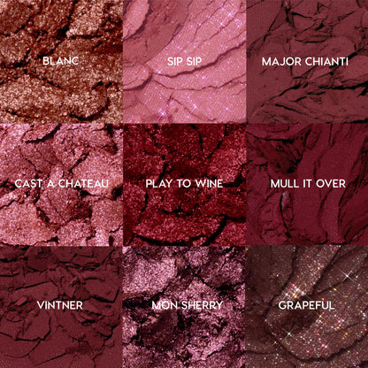 ColourPop Wine and Only shadow palette - nine crushed wine‑toned pans in a 3x3 grid, showing matte, metallic, and glitter finishes with shade names: Blanc, Sip Sip, Major Chianti, Cast a Chateau, Play to Wine, Mull It Over, Vintner, Mon Sherry, Grapeful.