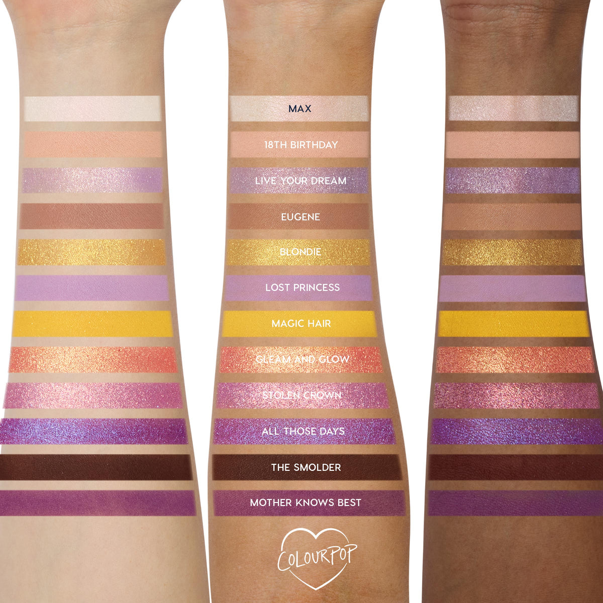 Disney Tangled and ColourPop Collection full set arm swatches showing 15 Back In Stock ColourPop eyeshadow shades, from matte creams and tans to metallic golds, lilacs, pinks, oranges, and deep browns on three skin tones.