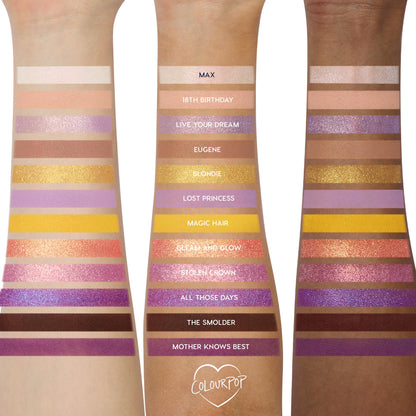 Best Day Ever ColourPop Shadow Palette swatches displayed on three arms of varied skin tones, labeled from Max to Mother Knows Best, with lilac, gold, peach, brown, and pink mattes and shimmers showing pigment, payoff, and finish.