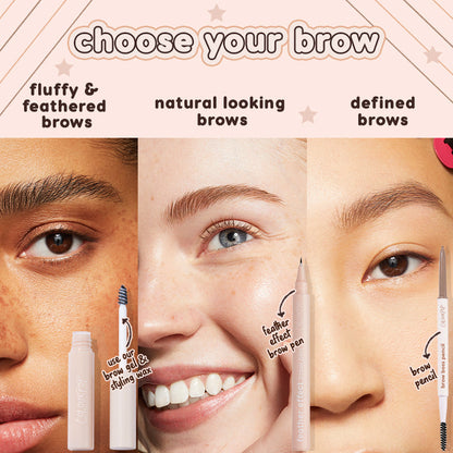 Cool Cocoa Pencil defining brows with precise, hair-like strokes; a fine-tip, dual-ended ColourPop brow pencil with spoolie shown in a three-panel layout comparing fluffy, natural, and defined brow looks.