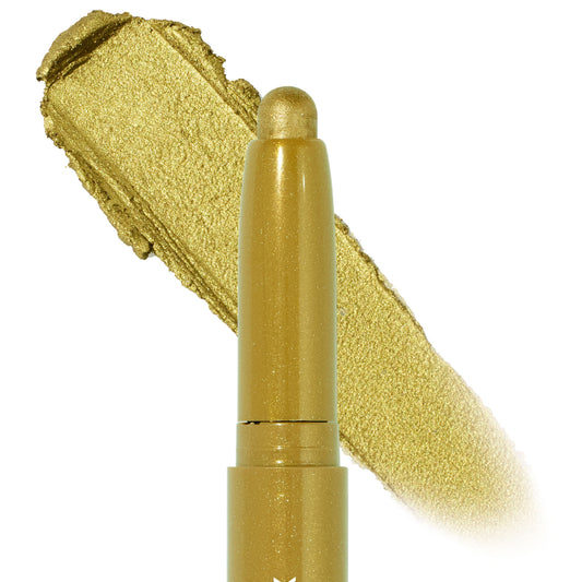ColourPop Shadow Stix in Flex, a twist-up cream eyeshadow stick, swipes a metallic olive-gold shimmer, shown with a bold swatch beside the crayon tip on a white background.