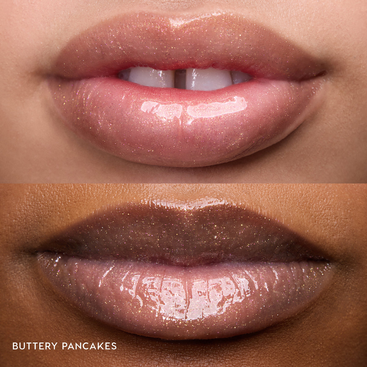 Close-up of two models’ lips wearing Colourpop Fresh Kiss Glossy Balm in Buttery Pancakes, showing sheer pink shimmer Lip Gloss & Lip Oil finish on different skin tones against a plain background.